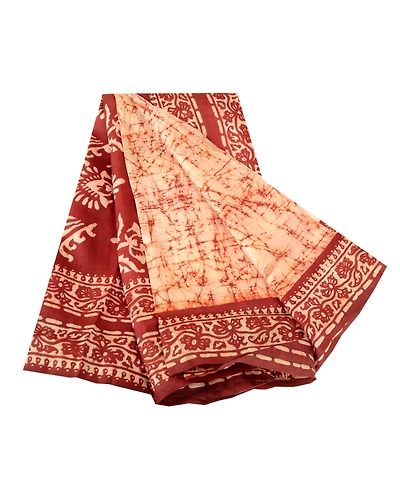 Sanskriti Vintage Sarees Cream Batik Printed Pure Silk Sari Floral Craft Fabric, PR-62625-Cream-Pure Silk-6
