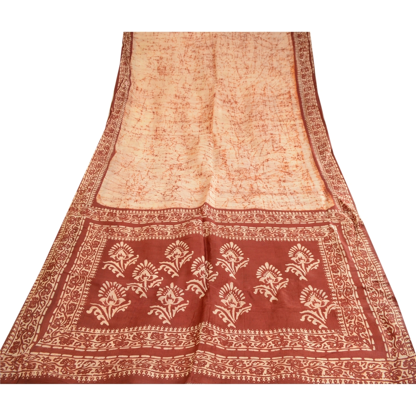 Sanskriti Vintage Sarees Cream Batik Printed Pure Silk Sari Floral Craft Fabric, PR-62625-Cream-Pure Silk-7