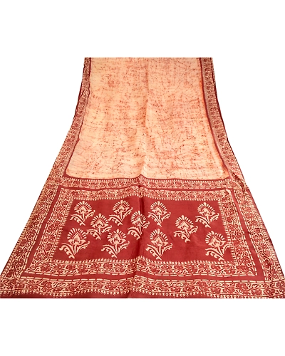 Sanskriti Vintage Sarees Cream Batik Printed Pure Silk Sari Floral Craft Fabric, PR-62625-Cream-Pure Silk-7