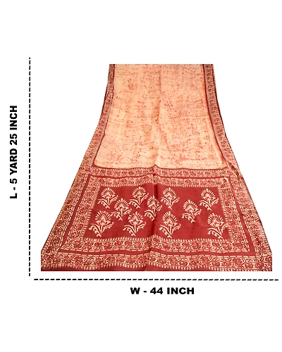 Sanskriti Vintage Sarees Cream Batik Printed Pure Silk Sari Floral Craft Fabric, PR-62625-Cream-Pure Silk-8