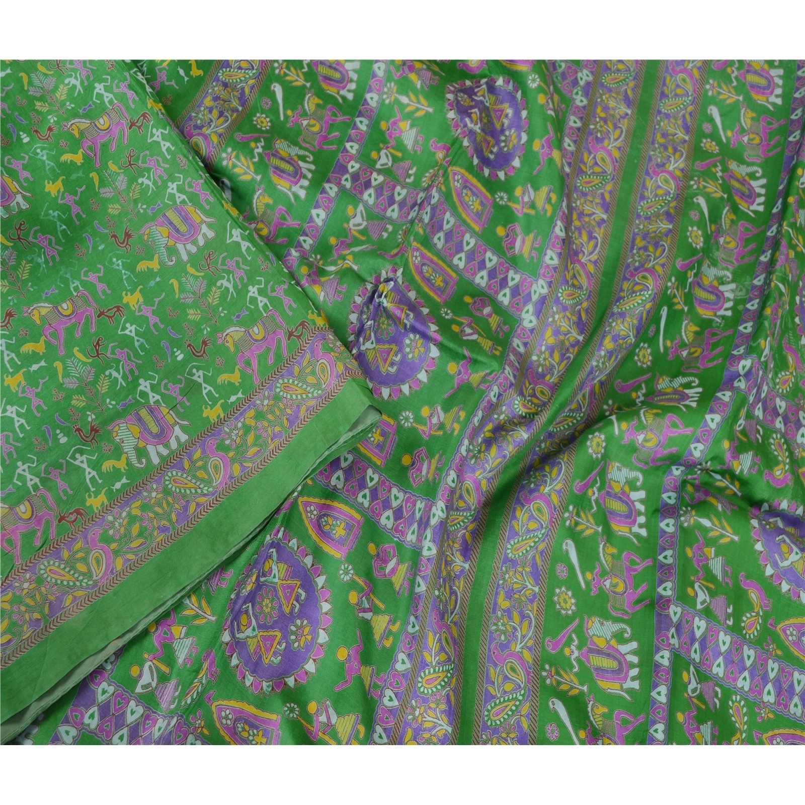 Sanskriti Vintage Sarees Green Warli Art Pure Silk Printed Sari 5Yd Craft Fabric, PR-62650-Green-Pure Silk-2