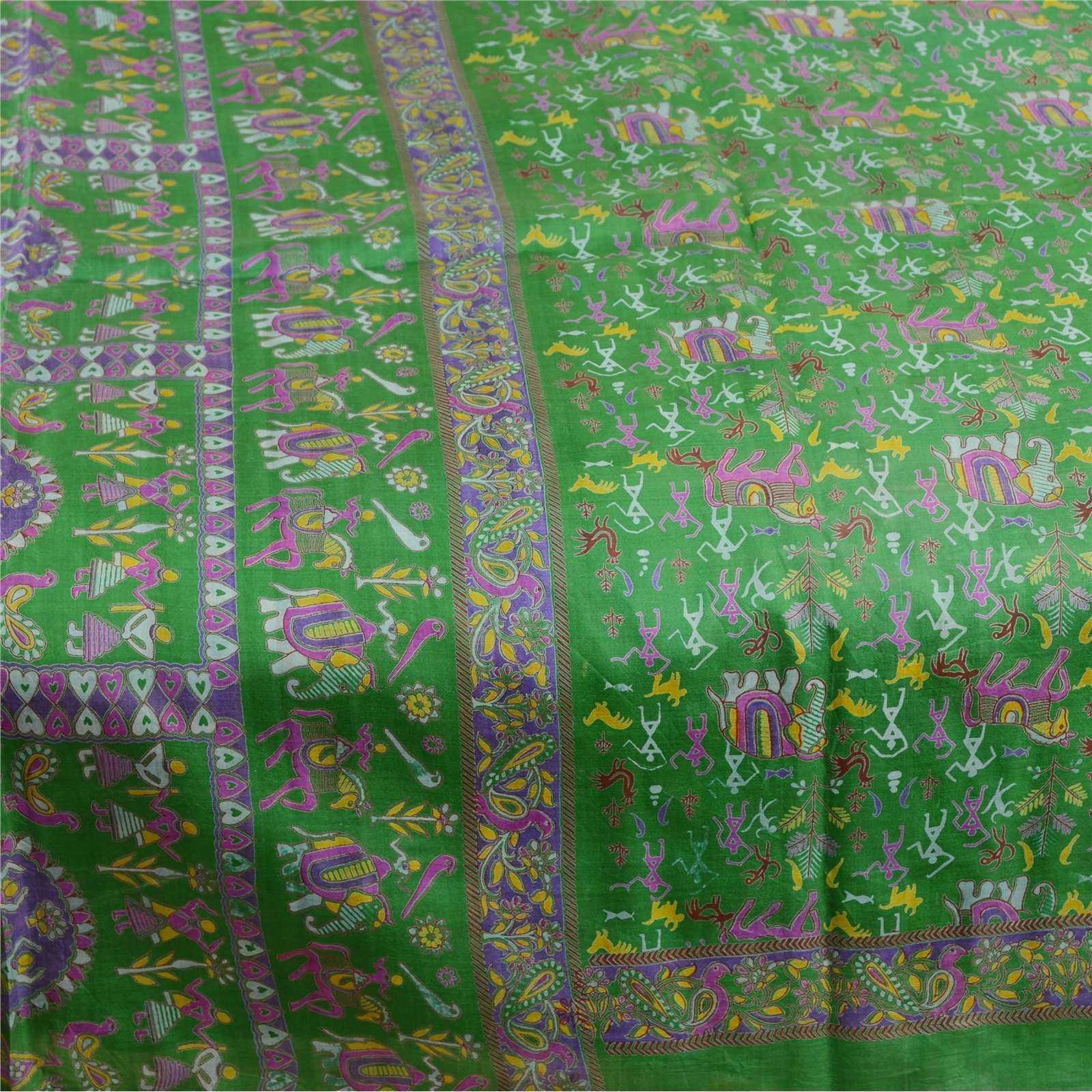 Sanskriti Vintage Sarees Green Warli Art Pure Silk Printed Sari 5Yd Craft Fabric, PR-62650-Green-Pure Silk-3