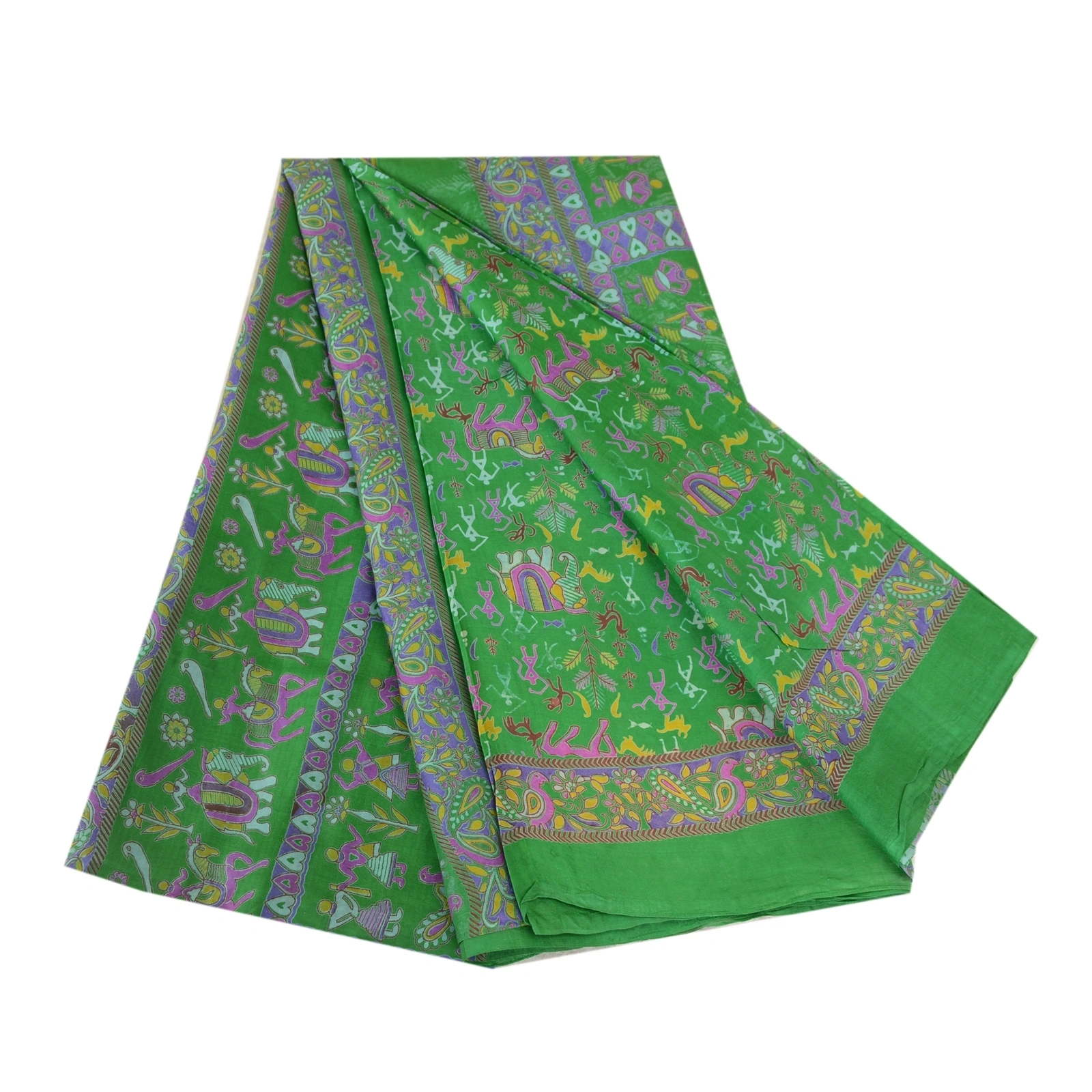 Sanskriti Vintage Sarees Green Warli Art Pure Silk Printed Sari 5Yd Craft Fabric, PR-62650-Green-Pure Silk-6