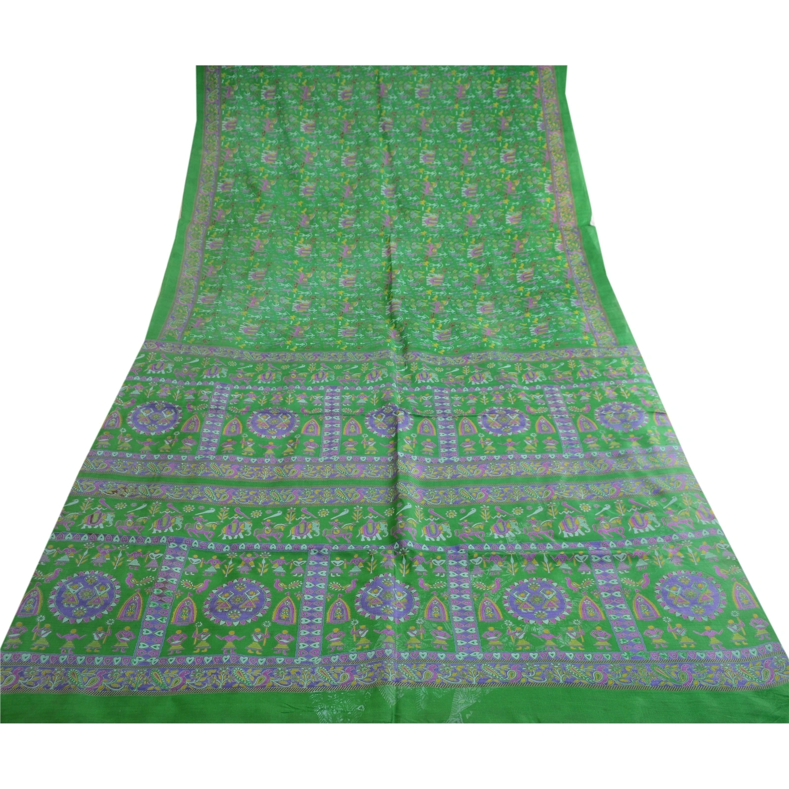 Sanskriti Vintage Sarees Green Warli Art Pure Silk Printed Sari 5Yd Craft Fabric, PR-62650-Green-Pure Silk-7