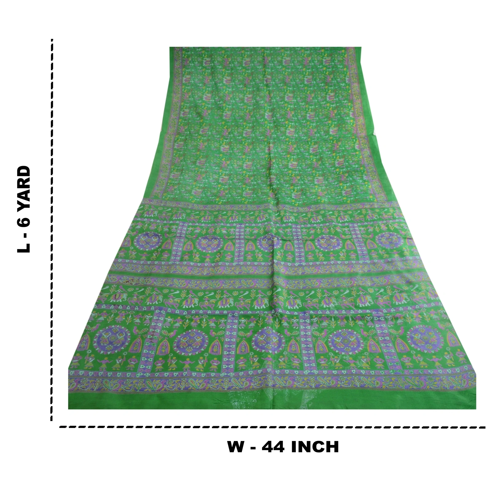 Sanskriti Vintage Sarees Green Warli Art Pure Silk Printed Sari 5Yd Craft Fabric, PR-62650-Green-Pure Silk-8