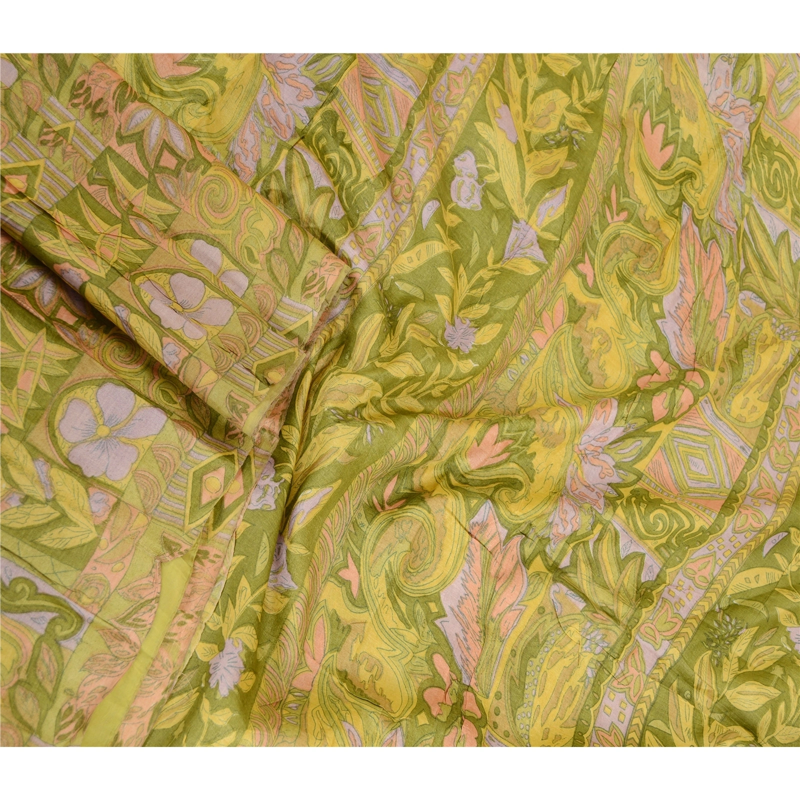 Sanskriti Vintage Sarees Indian Green Pure Silk Printed Sari 5Yd Craft Fabric, PR-62670-Green-Pure Silk-1