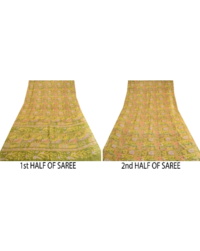 Sanskriti Vintage Sarees Indian Green Pure Silk Printed Sari 5Yd Craft Fabric, PR-62670-Green-Pure Silk-4