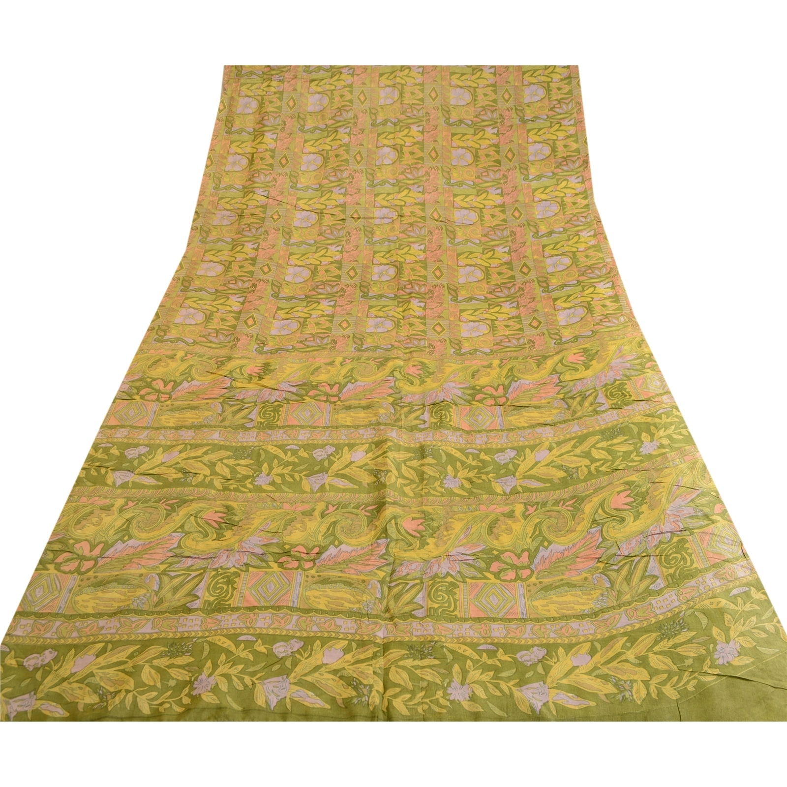 Sanskriti Vintage Sarees Indian Green Pure Silk Printed Sari 5Yd Craft Fabric, PR-62670-Green-Pure Silk-7