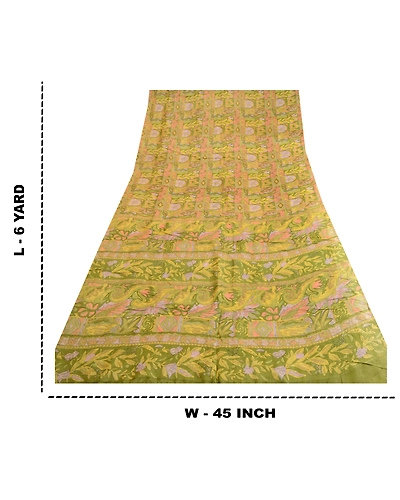 Sanskriti Vintage Sarees Indian Green Pure Silk Printed Sari 5Yd Craft Fabric, PR-62670-Green-Pure Silk-8
