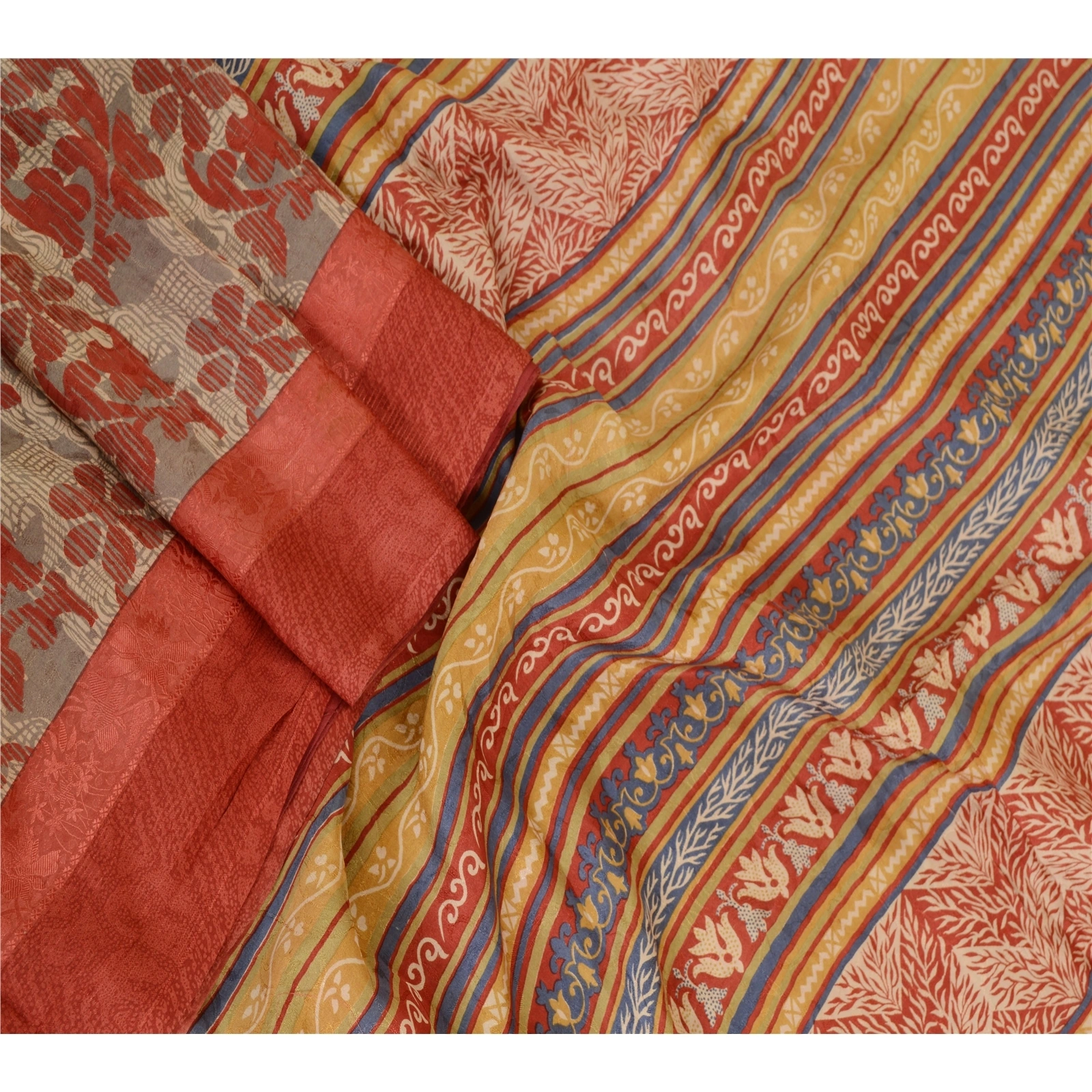 Sanskriti Vintage Sarees Indian Red Pure Silk Printed Sari Floral Craft Fabric, PR-62682-Red-Pure Silk-1