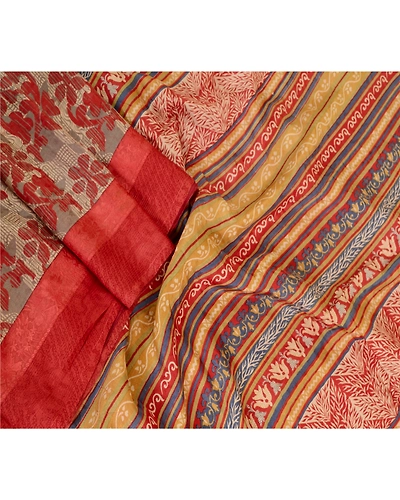 Sanskriti Vintage Sarees Indian Red Pure Silk Printed Sari Floral Craft Fabric, PR-62682-Red-Pure Silk-1