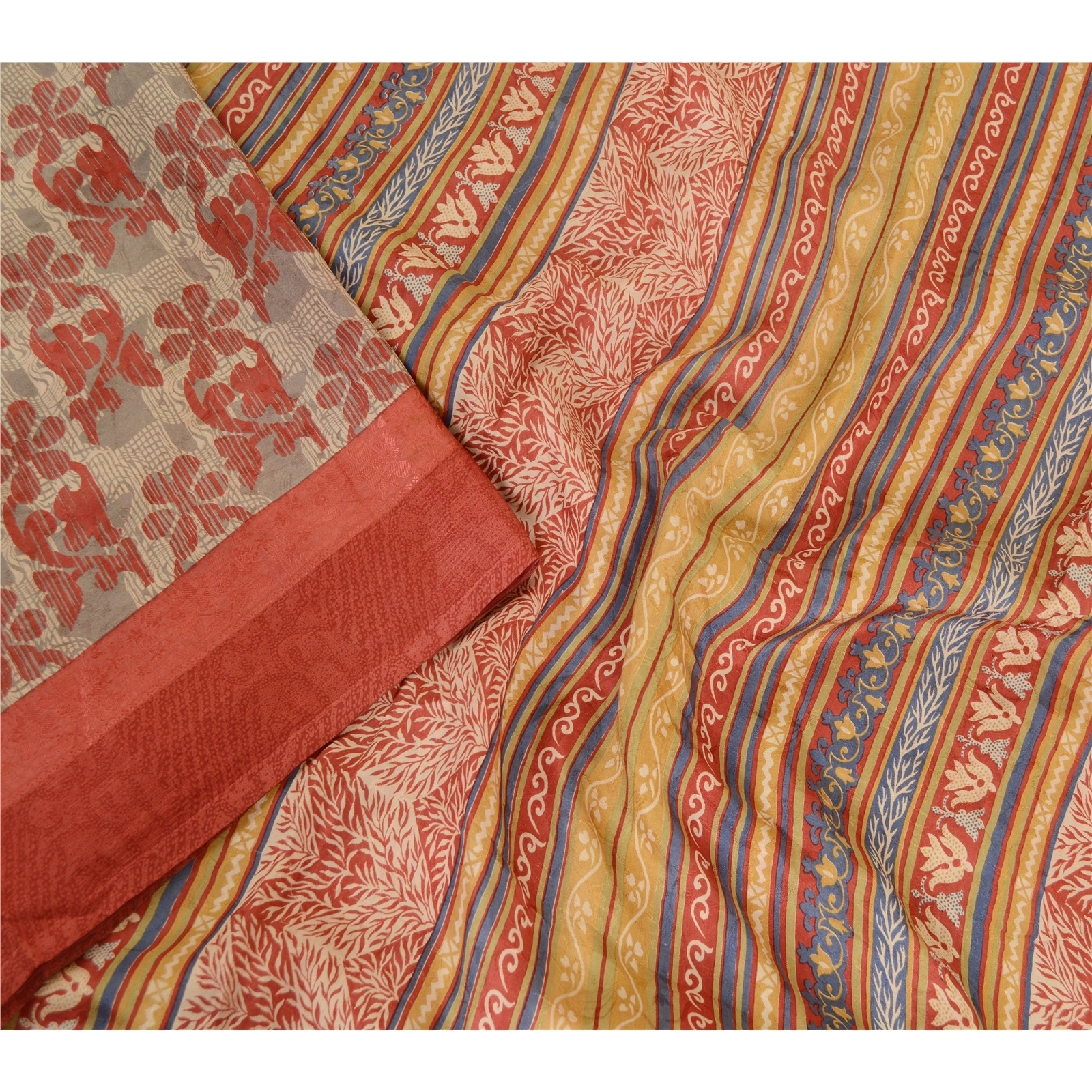 Sanskriti Vintage Sarees Indian Red Pure Silk Printed Sari Floral Craft Fabric, PR-62682-Red-Pure Silk-2