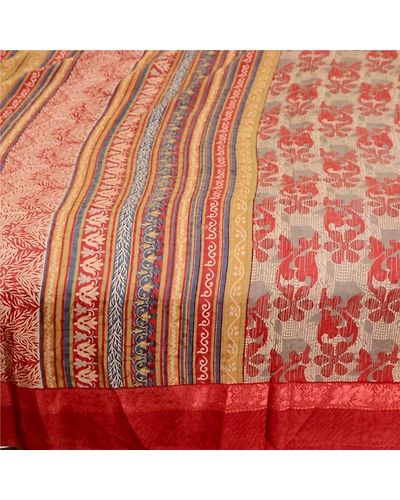Sanskriti Vintage Sarees Indian Red Pure Silk Printed Sari Floral Craft Fabric, PR-62682-Red-Pure Silk-3