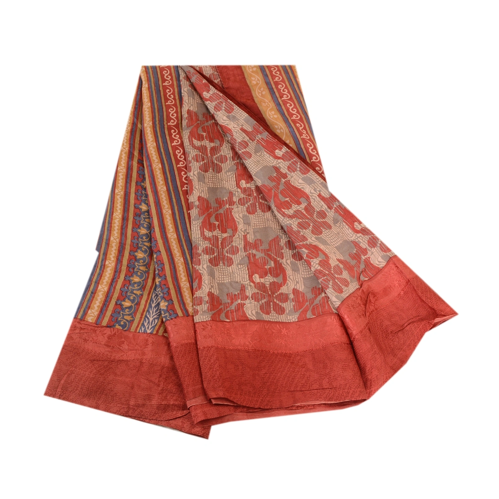 Sanskriti Vintage Sarees Indian Red Pure Silk Printed Sari Floral Craft Fabric, PR-62682-Red-Pure Silk-6