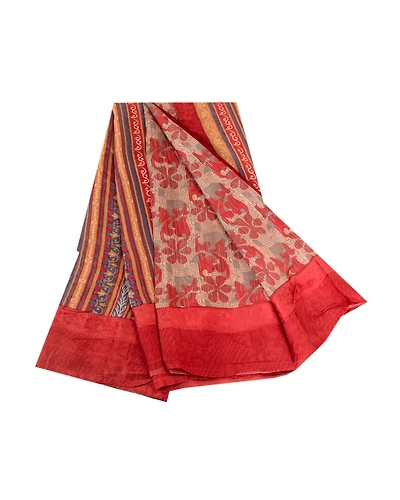 Sanskriti Vintage Sarees Indian Red Pure Silk Printed Sari Floral Craft Fabric, PR-62682-Red-Pure Silk-6