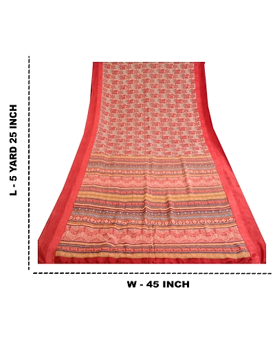 Sanskriti Vintage Sarees Indian Red Pure Silk Printed Sari Floral Craft Fabric, PR-62682-Red-Pure Silk-8