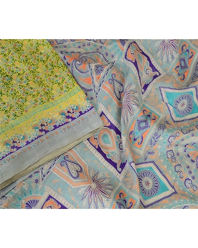 Sanskriti Vintage Sarees From India Green Printed Pure Silk Sari Craft Fabric, PR-62708-Green-Pure Silk-4