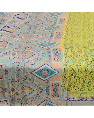 Sanskriti Vintage Sarees From India Green Printed Pure Silk Sari Craft Fabric, PR-62708-Green-Pure Silk-5