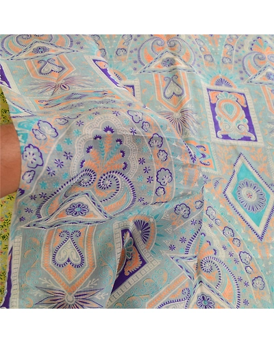 Sanskriti Vintage Sarees From India Green Printed Pure Silk Sari Craft Fabric, PR-62708-Green-Pure Silk-7