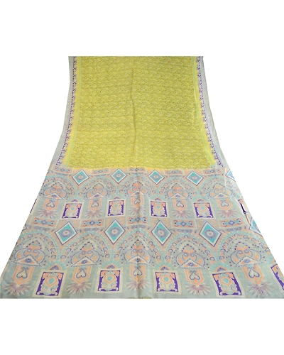 Sanskriti Vintage Sarees From India Green Printed Pure Silk Sari Craft Fabric, PR-62708-Green-Pure Silk-9