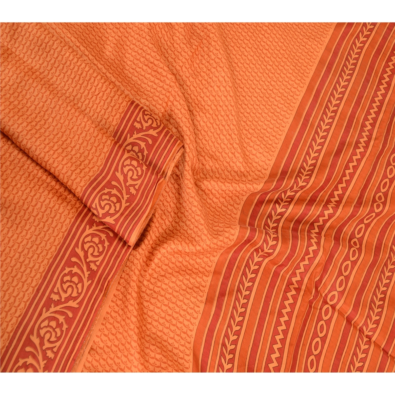 Sanskriti Vintage Sarees Indian Orange Pure Silk Printed Sari 5Yd Craft Fabric, PR-62709-Orange-Pure Silk-1