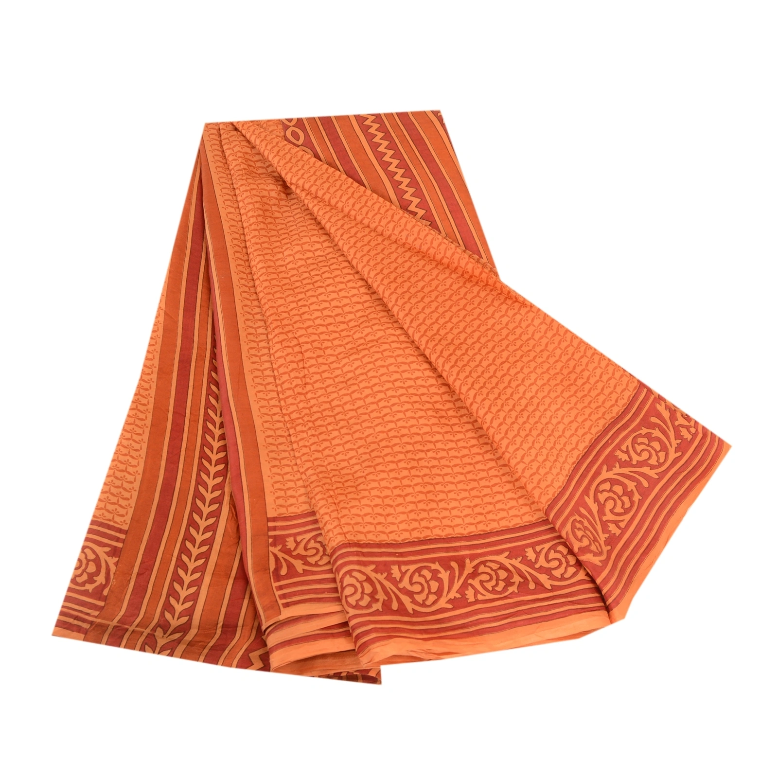 Sanskriti Vintage Sarees Indian Orange Pure Silk Printed Sari 5Yd Craft Fabric, PR-62709-Orange-Pure Silk-6