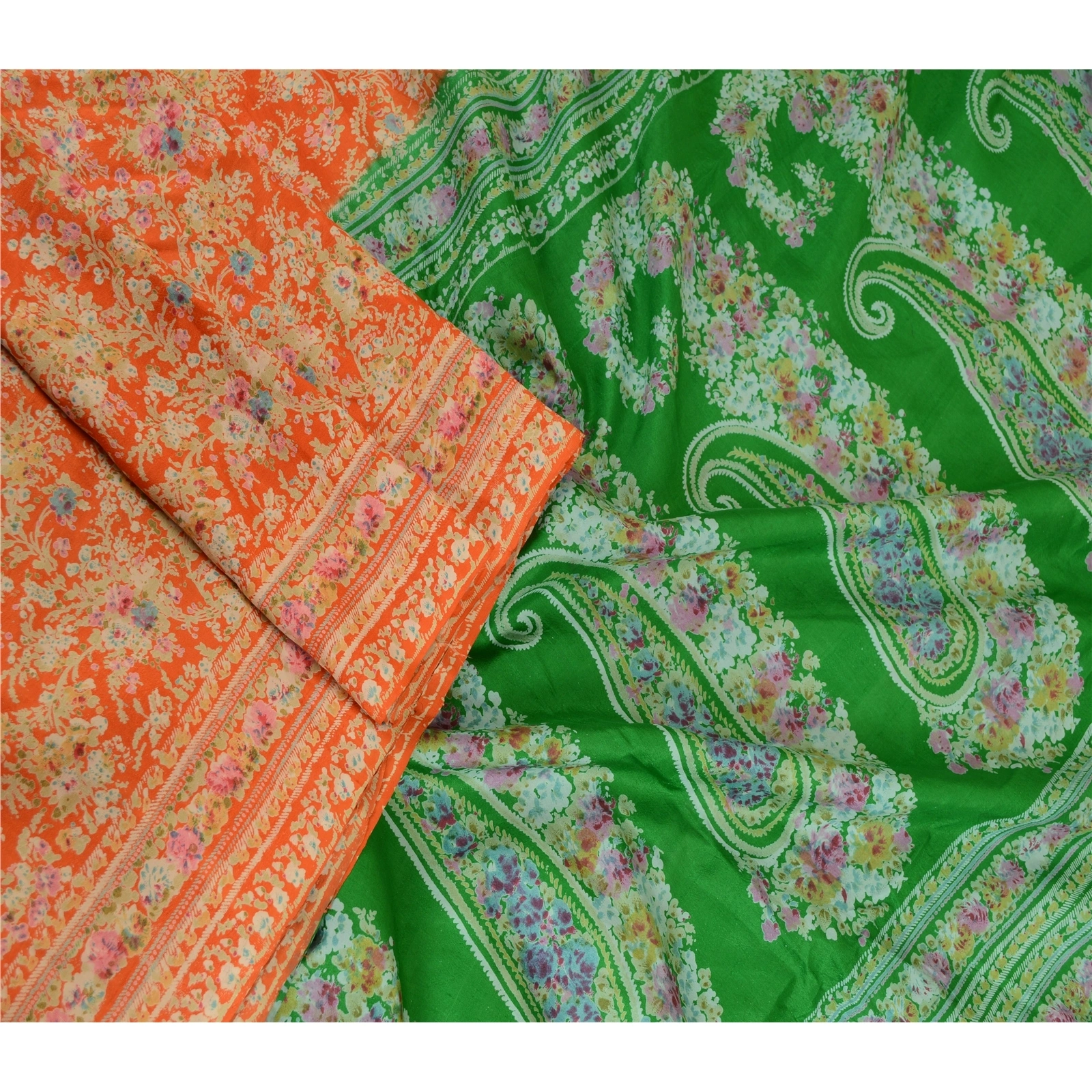 Sanskriti Vintage Sarees Orange &amp; Green Printed Pure Silk Sari Soft Craft Fabric, PR-62730-Orange &amp; Green-Pure Silk-1