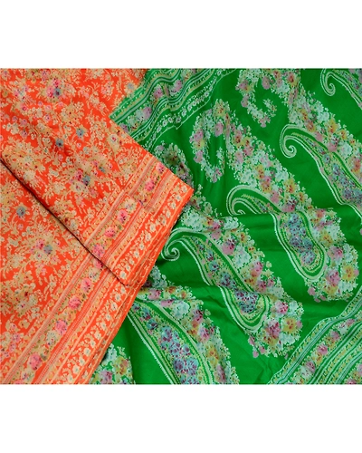 Sanskriti Vintage Sarees Orange &amp; Green Printed Pure Silk Sari Soft Craft Fabric, PR-62730-Orange &amp; Green-Pure Silk-1