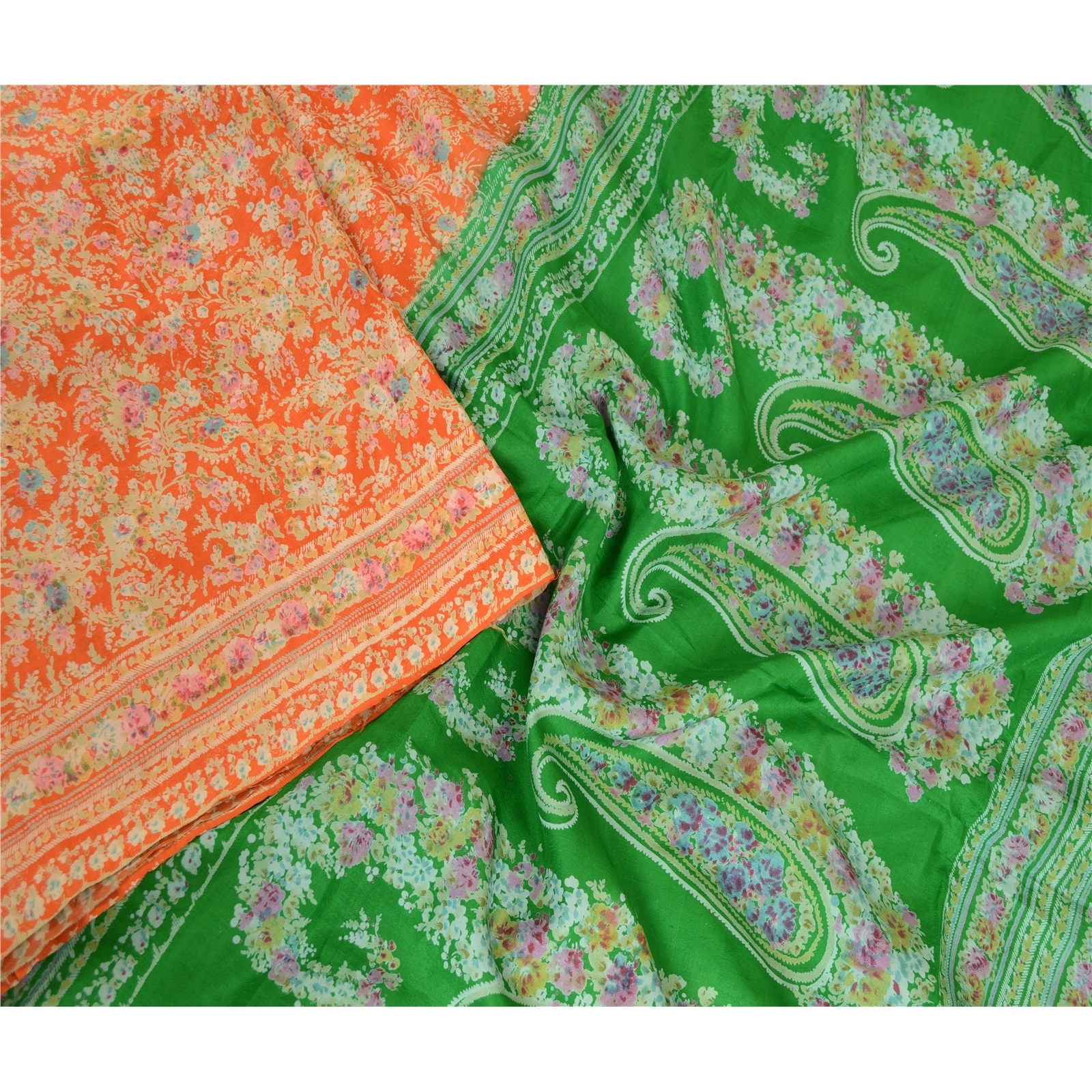 Sanskriti Vintage Sarees Orange &amp; Green Printed Pure Silk Sari Soft Craft Fabric, PR-62730-Orange &amp; Green-Pure Silk-2