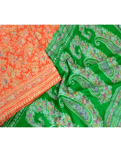 Sanskriti Vintage Sarees Orange &amp; Green Printed Pure Silk Sari Soft Craft Fabric, PR-62730-Orange &amp; Green-Pure Silk-2