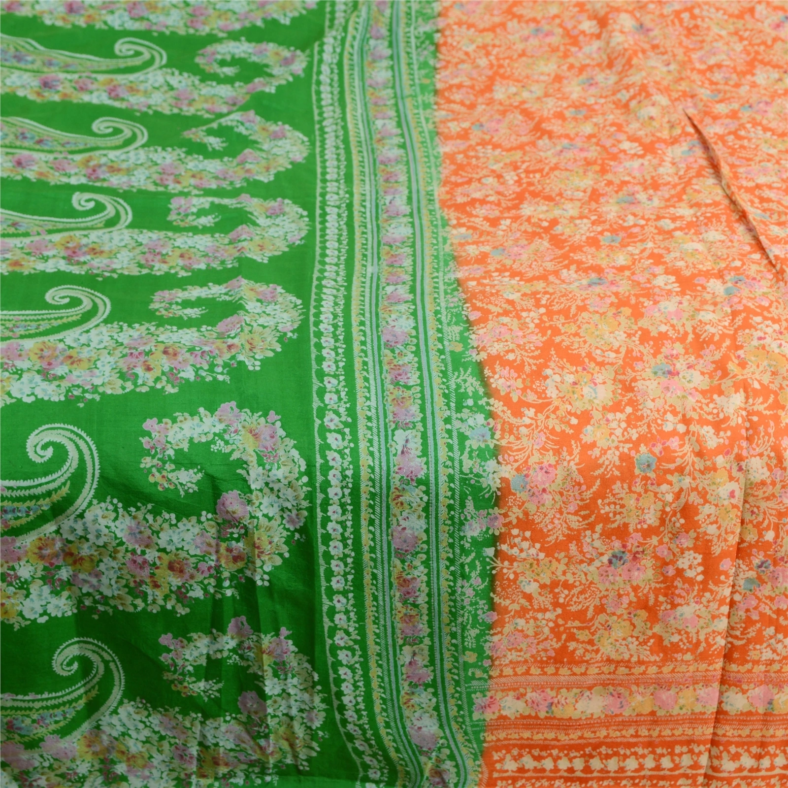 Sanskriti Vintage Sarees Orange &amp; Green Printed Pure Silk Sari Soft Craft Fabric, PR-62730-Orange &amp; Green-Pure Silk-3