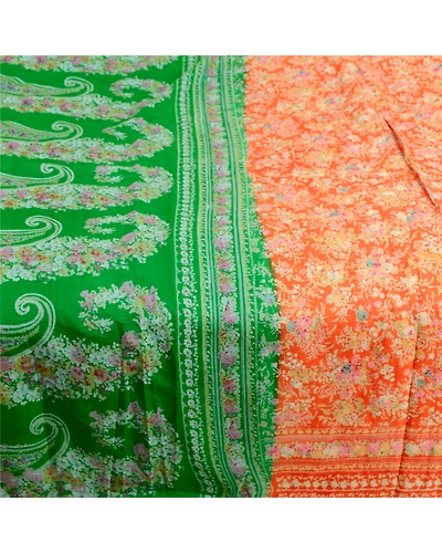 Sanskriti Vintage Sarees Orange &amp; Green Printed Pure Silk Sari Soft Craft Fabric, PR-62730-Orange &amp; Green-Pure Silk-3