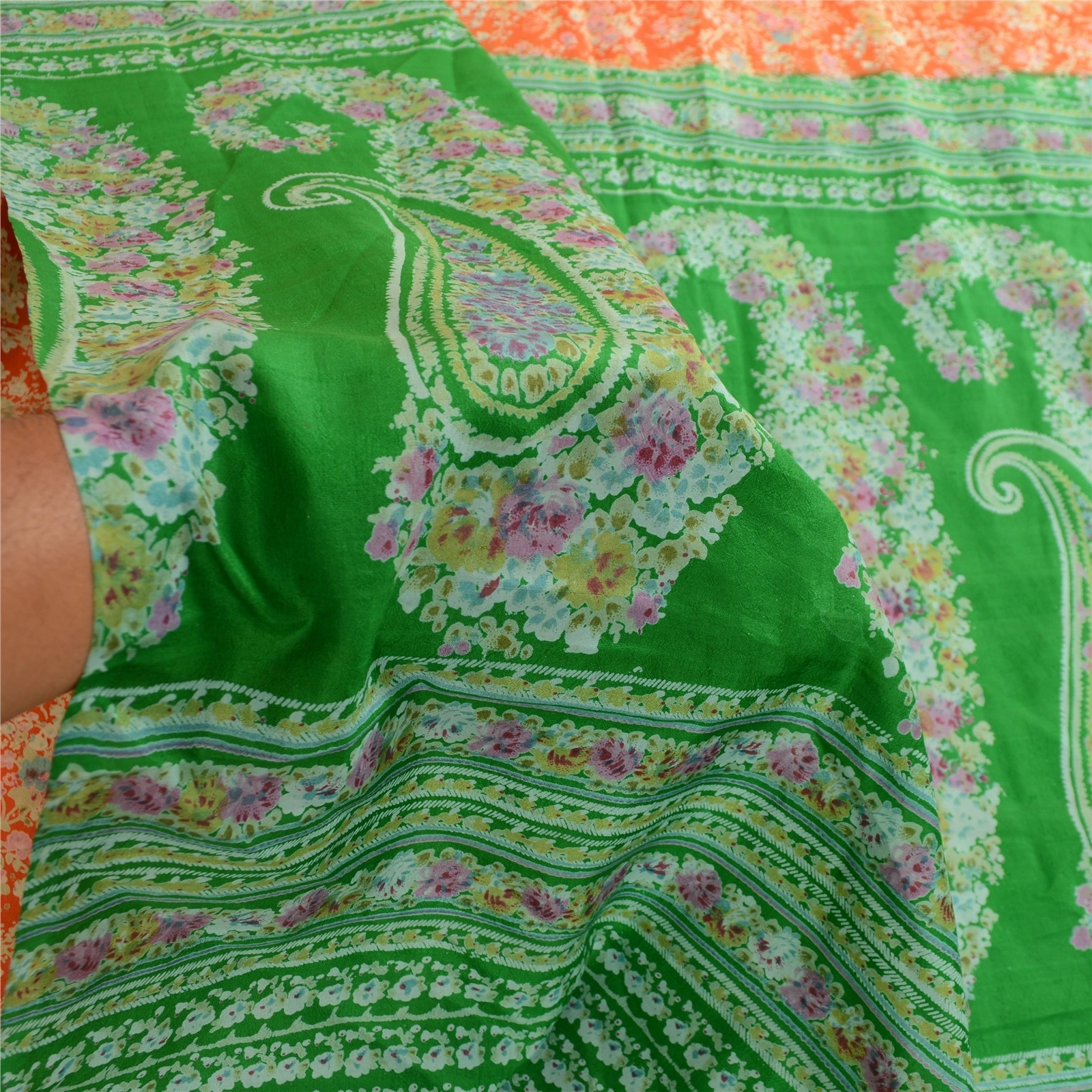 Sanskriti Vintage Sarees Orange &amp; Green Printed Pure Silk Sari Soft Craft Fabric, PR-62730-Orange &amp; Green-Pure Silk-5