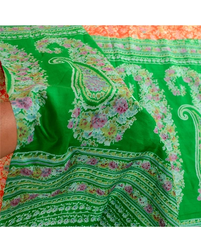 Sanskriti Vintage Sarees Orange &amp; Green Printed Pure Silk Sari Soft Craft Fabric, PR-62730-Orange &amp; Green-Pure Silk-5
