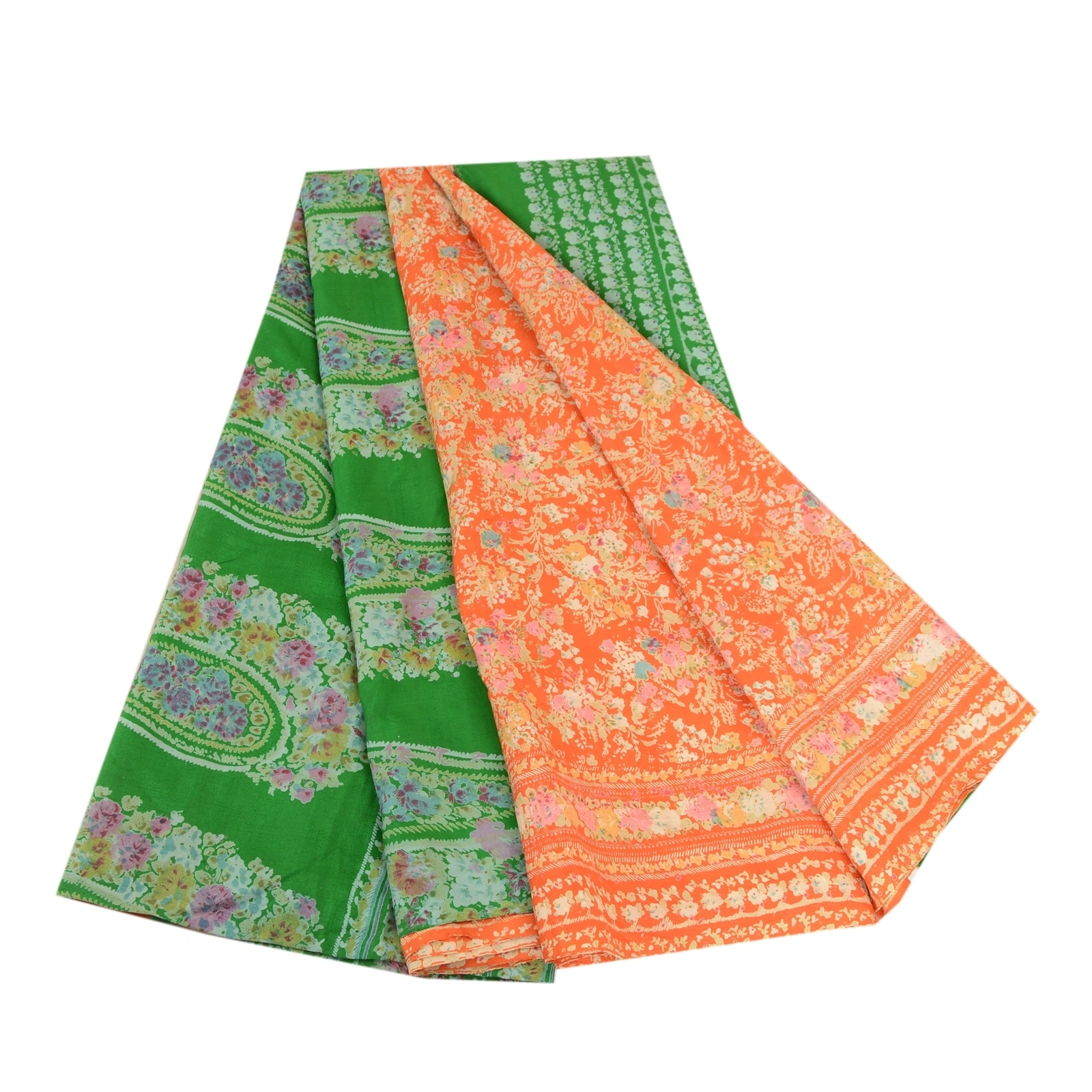 Sanskriti Vintage Sarees Orange &amp; Green Printed Pure Silk Sari Soft Craft Fabric, PR-62730-Orange &amp; Green-Pure Silk-6