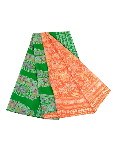 Sanskriti Vintage Sarees Orange &amp; Green Printed Pure Silk Sari Soft Craft Fabric, PR-62730-Orange &amp; Green-Pure Silk-6