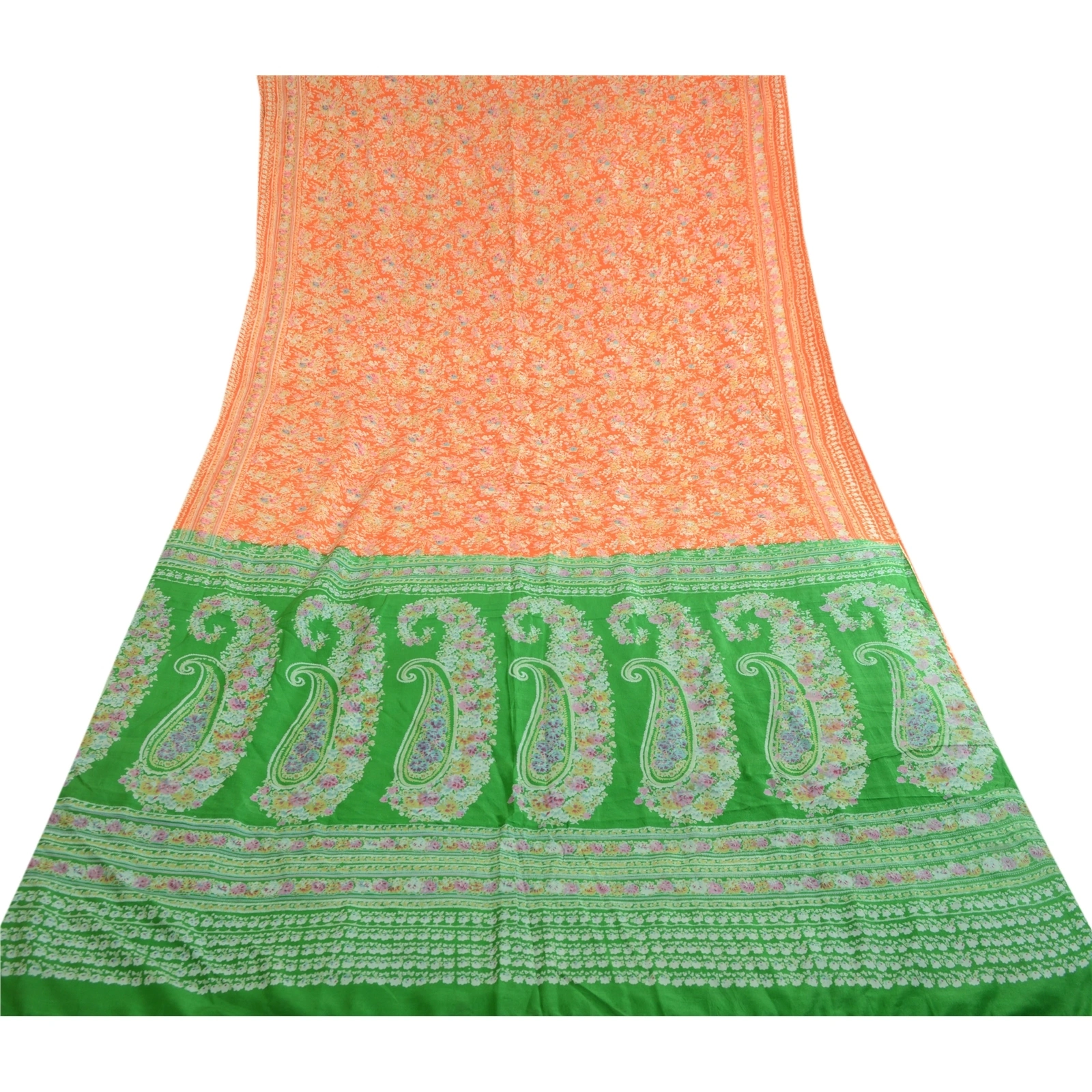 Sanskriti Vintage Sarees Orange &amp; Green Printed Pure Silk Sari Soft Craft Fabric, PR-62730-Orange &amp; Green-Pure Silk-7