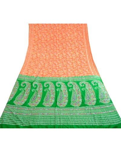 Sanskriti Vintage Sarees Orange &amp; Green Printed Pure Silk Sari Soft Craft Fabric, PR-62730-Orange &amp; Green-Pure Silk-7