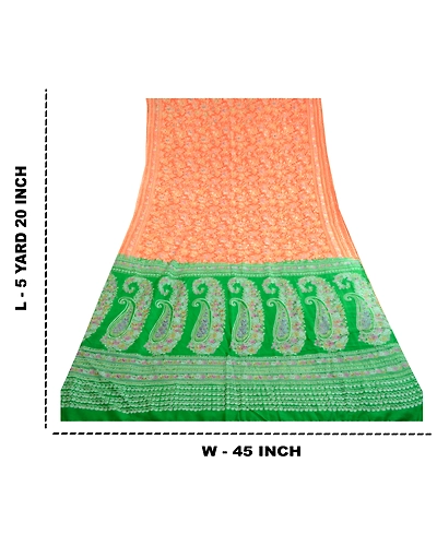 Sanskriti Vintage Sarees Orange &amp; Green Printed Pure Silk Sari Soft Craft Fabric, PR-62730-Orange &amp; Green-Pure Silk-8