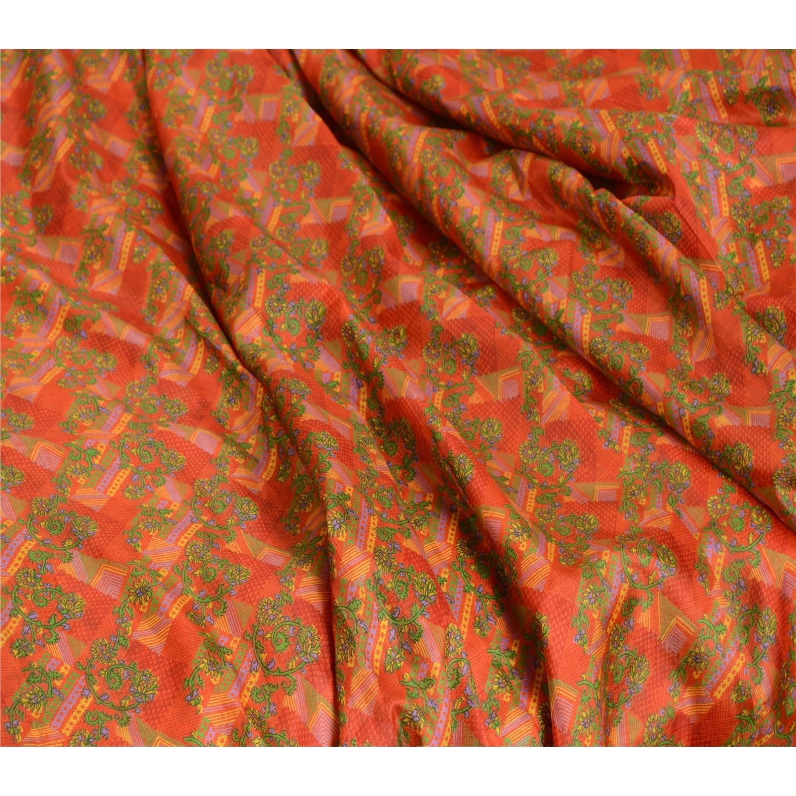 Sanskriti Vintage Sarees Red &amp; Green Pure Silk Printed Sari Soft Craft Fabric, PR-62739-Red &amp; Green-Pure Silk-1