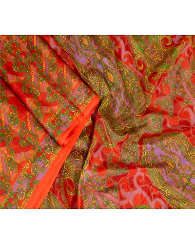 Sanskriti Vintage Sarees Red &amp; Green Pure Silk Printed Sari Soft Craft Fabric, PR-62739-Red &amp; Green-Pure Silk-2