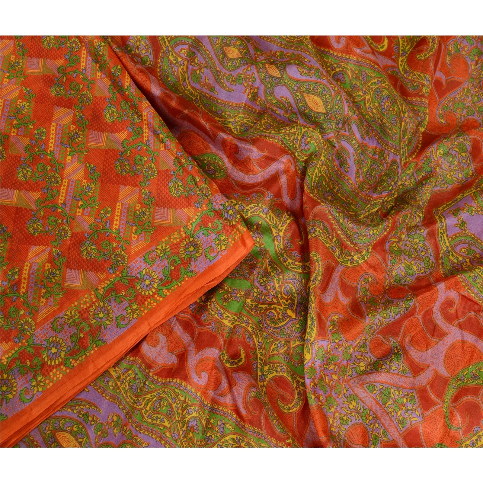 Sanskriti Vintage Sarees Red &amp; Green Pure Silk Printed Sari Soft Craft Fabric, PR-62739-Red &amp; Green-Pure Silk-3