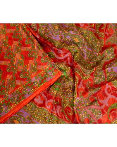 Sanskriti Vintage Sarees Red &amp; Green Pure Silk Printed Sari Soft Craft Fabric, PR-62739-Red &amp; Green-Pure Silk-3