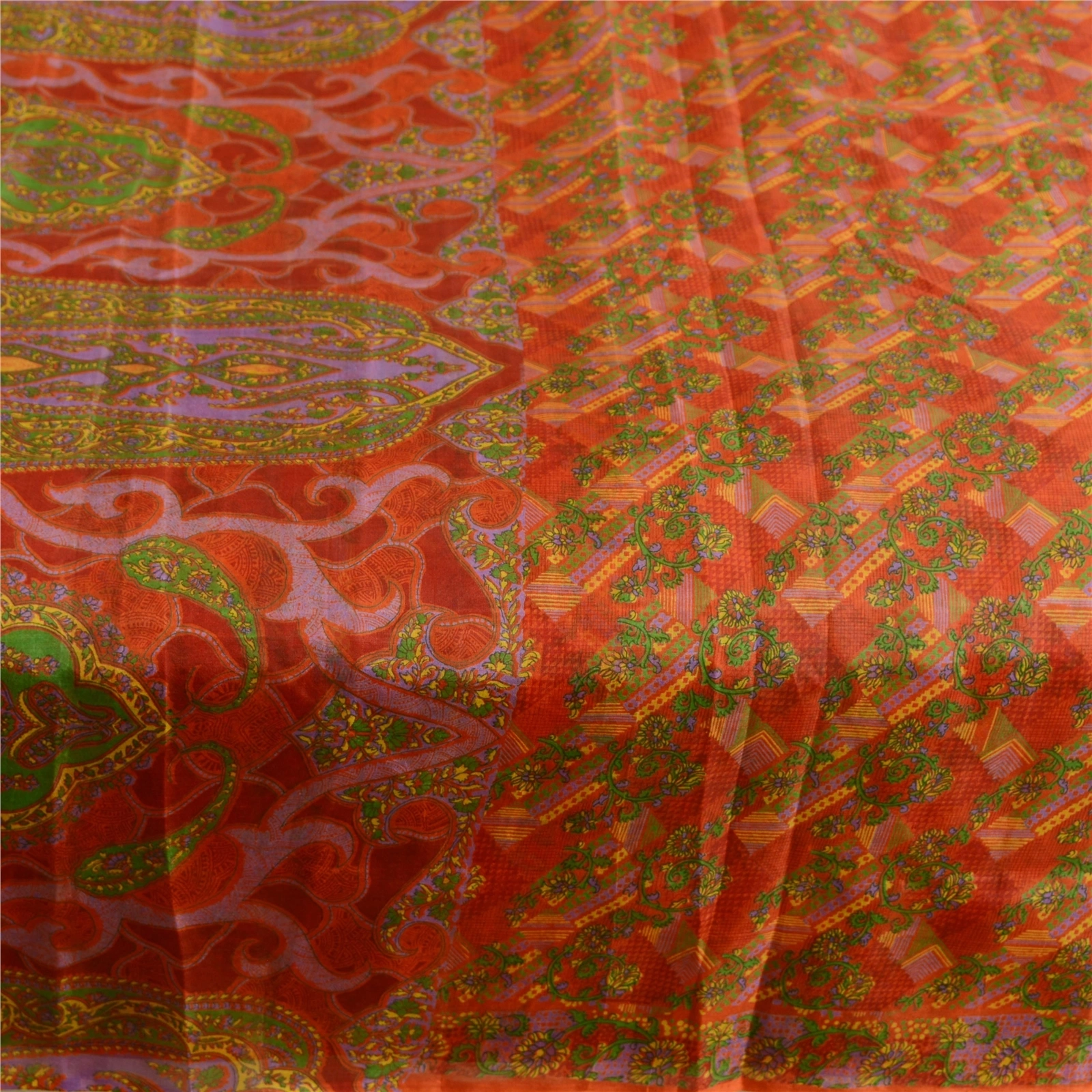 Sanskriti Vintage Sarees Red &amp; Green Pure Silk Printed Sari Soft Craft Fabric, PR-62739-Red &amp; Green-Pure Silk-4