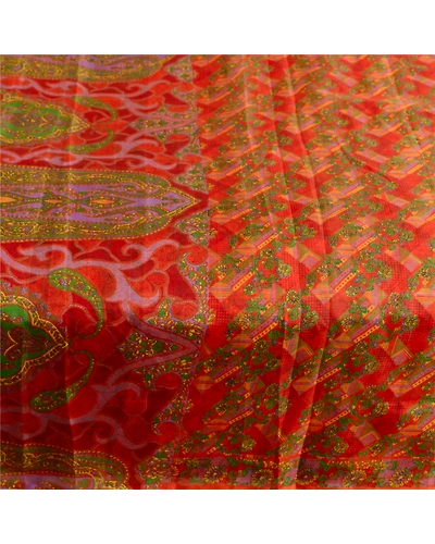 Sanskriti Vintage Sarees Red &amp; Green Pure Silk Printed Sari Soft Craft Fabric, PR-62739-Red &amp; Green-Pure Silk-4