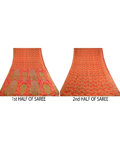 Sanskriti Vintage Sarees Red &amp; Green Pure Silk Printed Sari Soft Craft Fabric, PR-62739-Red &amp; Green-Pure Silk-5