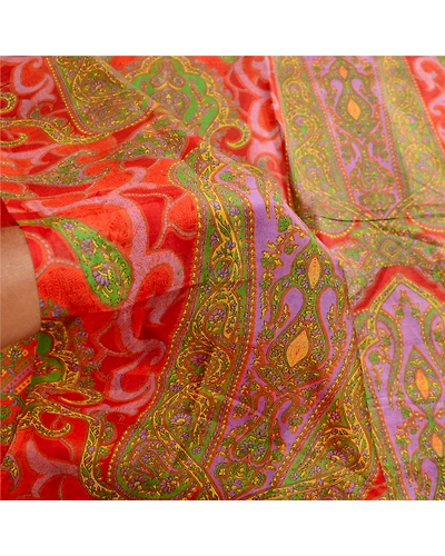 Sanskriti Vintage Sarees Red &amp; Green Pure Silk Printed Sari Soft Craft Fabric, PR-62739-Red &amp; Green-Pure Silk-6