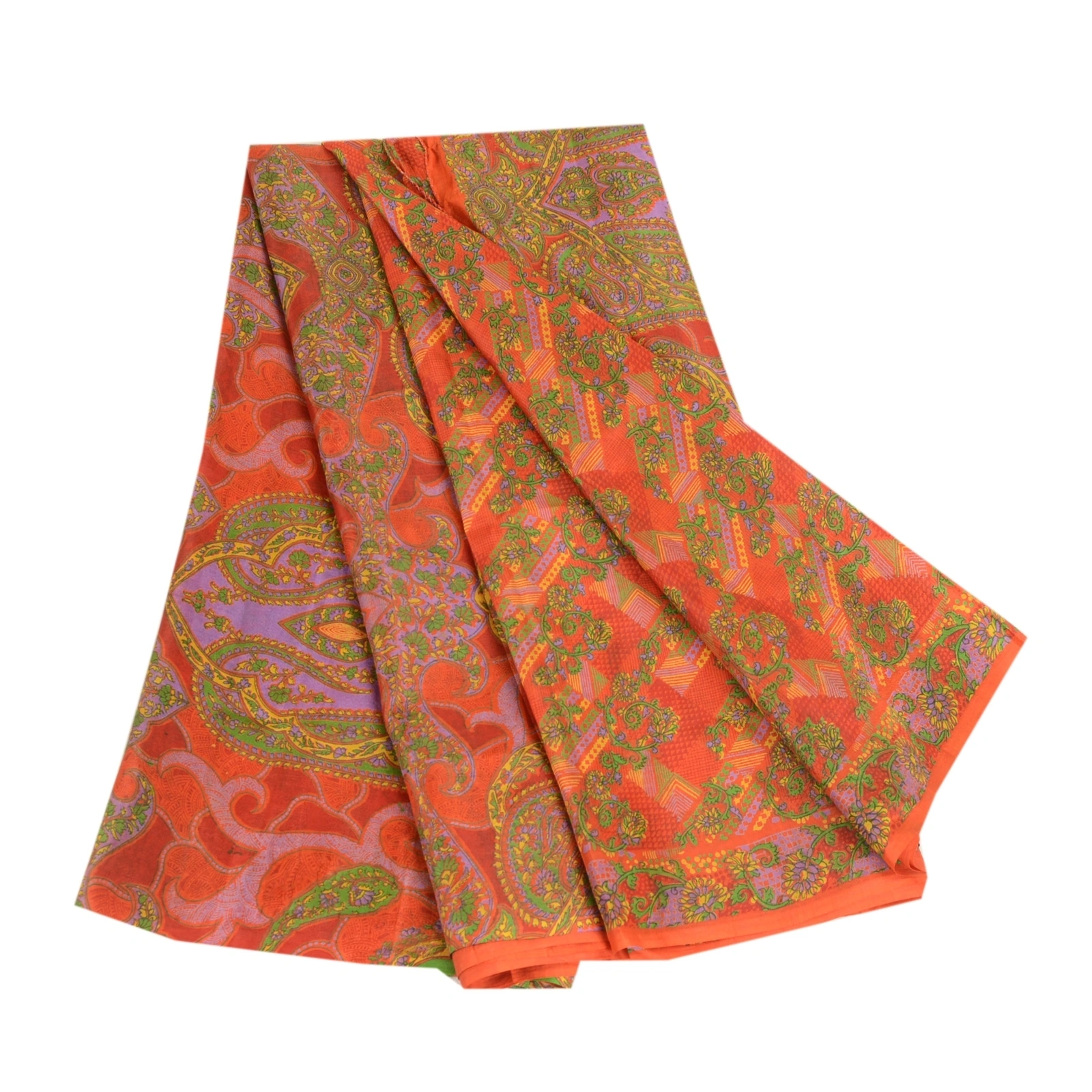 Sanskriti Vintage Sarees Red &amp; Green Pure Silk Printed Sari Soft Craft Fabric, PR-62739-Red &amp; Green-Pure Silk-7