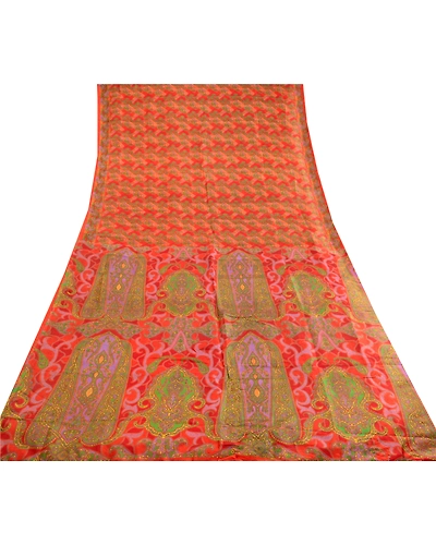 Sanskriti Vintage Sarees Red &amp; Green Pure Silk Printed Sari Soft Craft Fabric, PR-62739-Red &amp; Green-Pure Silk-8