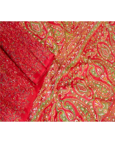 Sanskriti Vintage Sarees Red 100% Pure Silk Printed Floral Sari 5Yd Craft Fabric, PR-62747-Red-Pure Silk-1